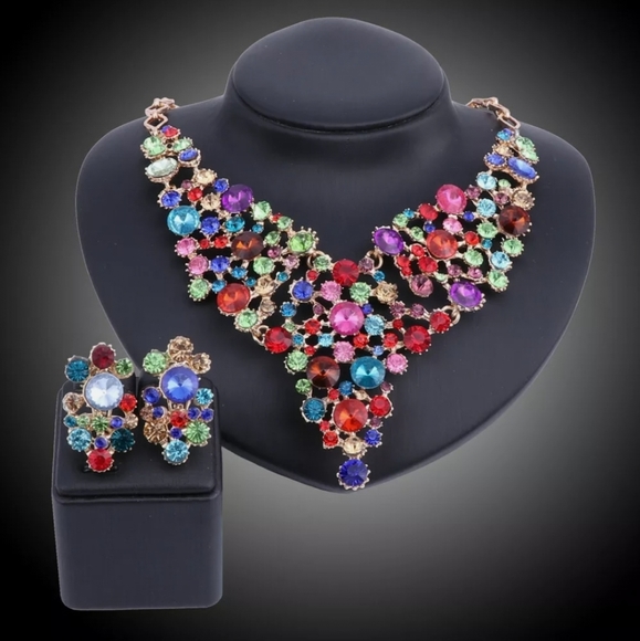 18K gold plated multi color rainbow crystal Necklace earrings set - Picture 8 of 15